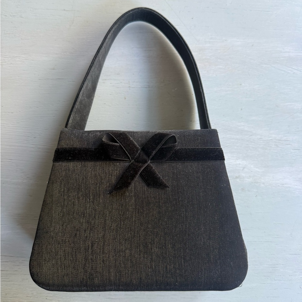 Macy's Chic Black Taffeta Satin Velvet Bow Special Occasion Bag Purse